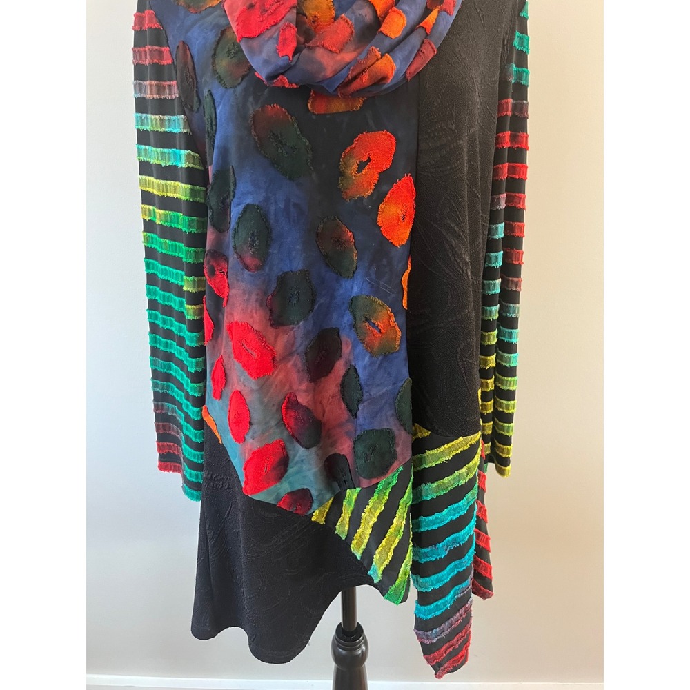 Calessa Size L Artsy Tunic Top Lagenlook Patchwork Polka Dot Striped Sleeve Boho - Picture 8 of 11